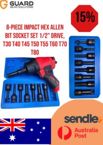 8- Piece 1/2 Inch Drive Impact Torx Star Socket Bits Set 8-Piece T30 T40 T45 T50 T55 T60 T70 T80 Cr-Mo 3-Inch Extra Long Air Impact Triple Square Socket Wrench