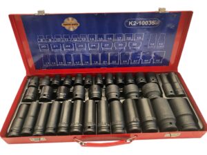 35 PCE 1/2" Impact Socket Set Overview The 35 PCE 1/2" Impact Socket Set is designed for heavy-duty use in automotive and industrial applications. This comprehensive set includes a variety of impact sockets that are perfect for tackling tough fasteners and high-torque applications. Features Comprehensive Set: Includes 35 pieces of 1/2" drive impact sockets in various sizes, providing versatility for different tasks. Durable Construction: Made from high-strength chrome molybdenum steel, these sockets are engineered to withstand high torque and resist wear. Black Oxide Finish: The black oxide finish enhances corrosion resistance and provides a sleek appearance. Easy Size Identification: Each socket is clearly marked with its size for quick and easy identification. Compatible with Impact Wrenches: Designed specifically for use with impact wrenches, making them ideal for automotive repairs and construction. Specifications Material: Chrome Molybdenum Steel Drive Size: 1/2" Number of Pieces: 35 Socket Sizes Included: (Provide specific sizes if available, e.g., 10mm, 12mm, 13mm, 14mm, etc.) Case Dimensions: (Provide dimensions if available) Weight: (Provide weight if available) Applications Automotive Repairs: Perfect for loosening and tightening lug nuts, bolts, and other fasteners in vehicles. Heavy-Duty Construction: Suitable for industrial applications where high torque is required. Maintenance and Repair: Ideal for maintenance tasks on machinery and equipment. Benefits High Torque Capability: Designed to handle the demands of high-torque applications without breaking or deforming. Versatile Use: Can be used in a variety of settings, from home garages to professional workshops. Organized Storage: Comes with a sturdy case that keeps sockets organized and easy to transport.