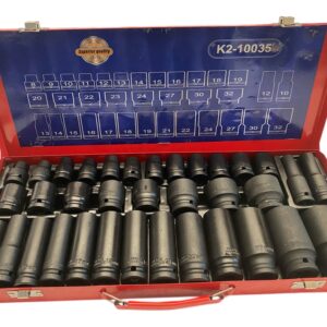 35 PCE 1/2" Impact Socket Set Overview The 35 PCE 1/2" Impact Socket Set is designed for heavy-duty use in automotive and industrial applications. This comprehensive set includes a variety of impact sockets that are perfect for tackling tough fasteners and high-torque applications. Features Comprehensive Set: Includes 35 pieces of 1/2" drive impact sockets in various sizes, providing versatility for different tasks. Durable Construction: Made from high-strength chrome molybdenum steel, these sockets are engineered to withstand high torque and resist wear. Black Oxide Finish: The black oxide finish enhances corrosion resistance and provides a sleek appearance. Easy Size Identification: Each socket is clearly marked with its size for quick and easy identification. Compatible with Impact Wrenches: Designed specifically for use with impact wrenches, making them ideal for automotive repairs and construction. Specifications Material: Chrome Molybdenum Steel Drive Size: 1/2" Number of Pieces: 35 Socket Sizes Included: (Provide specific sizes if available, e.g., 10mm, 12mm, 13mm, 14mm, etc.) Case Dimensions: (Provide dimensions if available) Weight: (Provide weight if available) Applications Automotive Repairs: Perfect for loosening and tightening lug nuts, bolts, and other fasteners in vehicles. Heavy-Duty Construction: Suitable for industrial applications where high torque is required. Maintenance and Repair: Ideal for maintenance tasks on machinery and equipment. Benefits High Torque Capability: Designed to handle the demands of high-torque applications without breaking or deforming. Versatile Use: Can be used in a variety of settings, from home garages to professional workshops. Organized Storage: Comes with a sturdy case that keeps sockets organized and easy to transport.