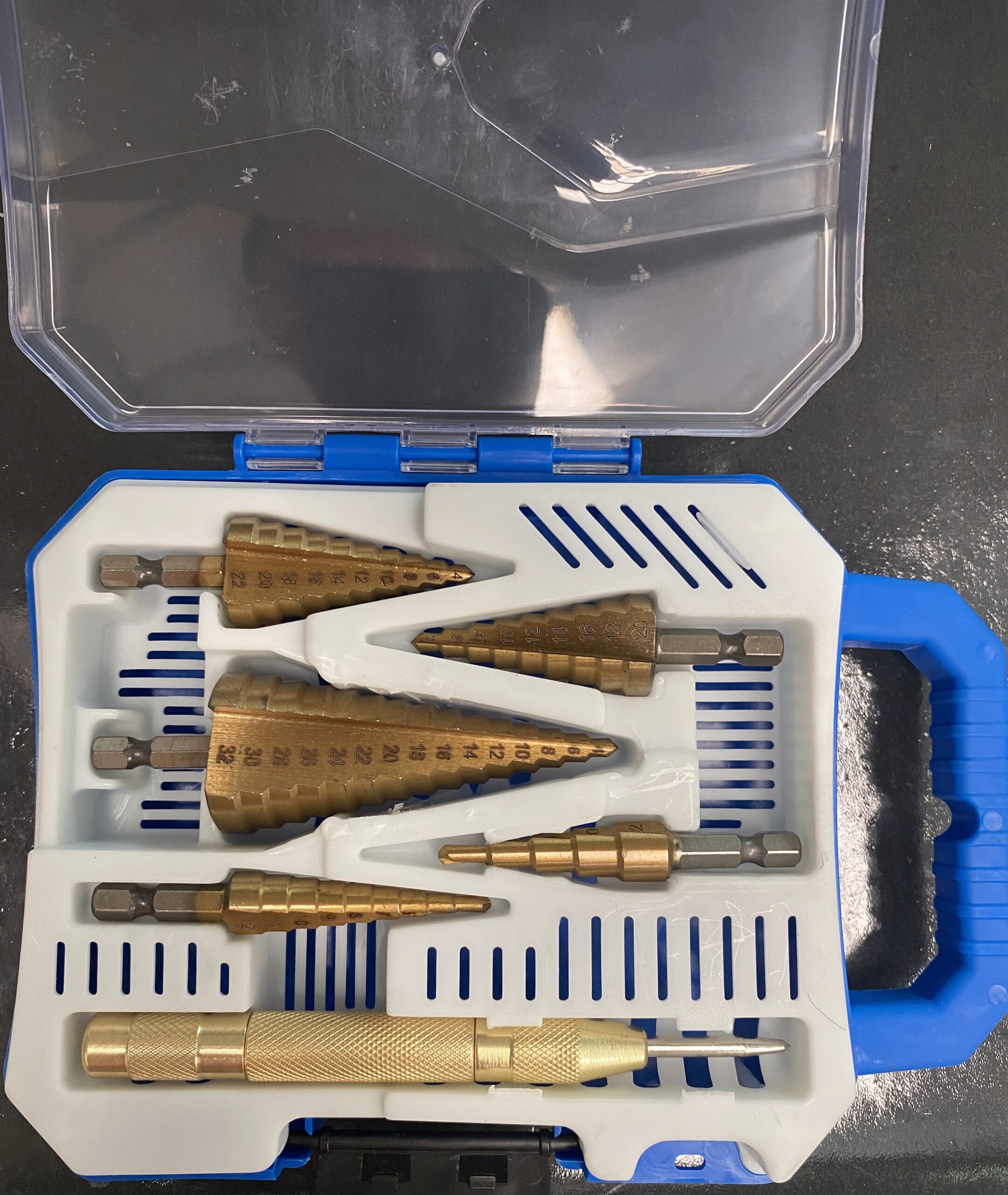 5Pcs Titanium Step Drill Bit Set + Centre Punch – HSS Hole Cutter Kit 5Pcs Titanium Step Drill Bit Set + Centre Punch – HSS Hole Cutter Kit