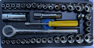40-piece socket set and toolkit with drive sizes of 1/4" and 3/8": 40-Piece Socket Set Overview Components Socket Sizes: A variety of socket sizes, typically including both metric and standard measurements. Drive Sizes: 1/4" Drive: Suitable for smaller fasteners, ideal for precision tasks. 3/8" Drive: More versatile for medium-sized fasteners, commonly used in automotive and general repairs. Typical Contents Sockets: A range of sizes (e.g., 8mm to 19mm for metric, 1/4" to 3/4" for standard). Ratchets: Usually includes a ratchet for both drive sizes. Extensions: To access hard-to-reach areas. Adapters: For converting between different drive sizes. Accessories: Such as a sturdy carrying case for organization and portability. Benefits Versatility: Suitable for various applications, from automotive repairs to household projects. Durability: Made from high-quality materials for long-lasting use. Compact Design: Easy to store and transport.