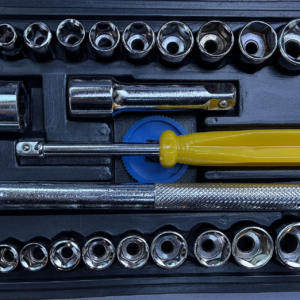 40-piece socket set and toolkit with drive sizes of 1/4" and 3/8": 40-Piece Socket Set Overview Components Socket Sizes: A variety of socket sizes, typically including both metric and standard measurements. Drive Sizes: 1/4" Drive: Suitable for smaller fasteners, ideal for precision tasks. 3/8" Drive: More versatile for medium-sized fasteners, commonly used in automotive and general repairs. Typical Contents Sockets: A range of sizes (e.g., 8mm to 19mm for metric, 1/4" to 3/4" for standard). Ratchets: Usually includes a ratchet for both drive sizes. Extensions: To access hard-to-reach areas. Adapters: For converting between different drive sizes. Accessories: Such as a sturdy carrying case for organization and portability. Benefits Versatility: Suitable for various applications, from automotive repairs to household projects. Durability: Made from high-quality materials for long-lasting use. Compact Design: Easy to store and transport.