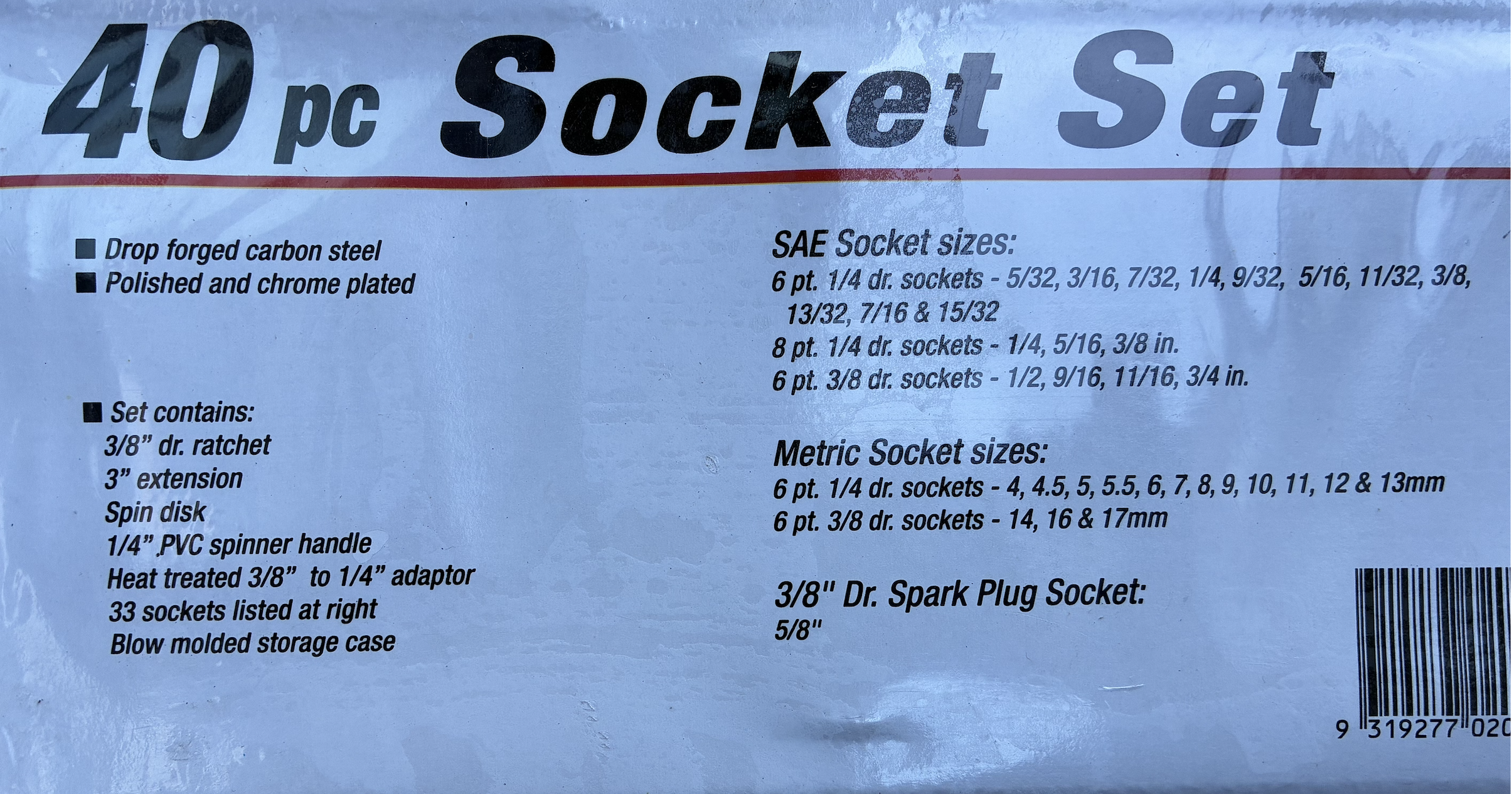 40 pcs socket set5 Here’s an overview of a 40-piece socket set and toolkit with drive sizes of 1/4" and 3/8":